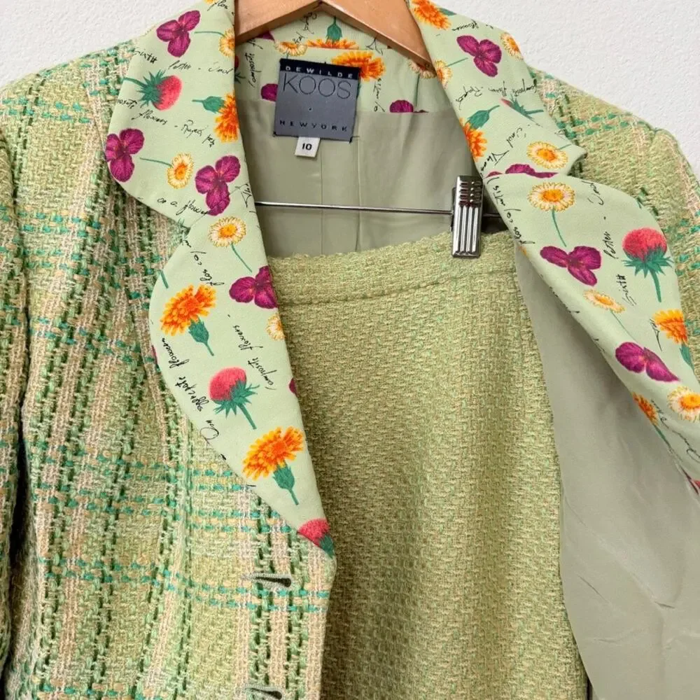 Dewilde Koos‎ New York Tweed Skirt Suit Floral Lined Blazer Green Size 10